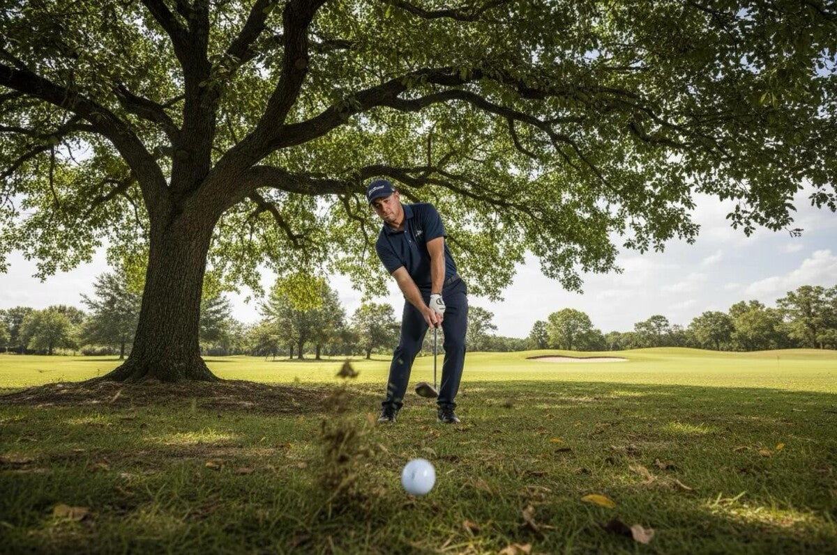 Golfer playing a low recovery shot beneath overhanging tree branches.
